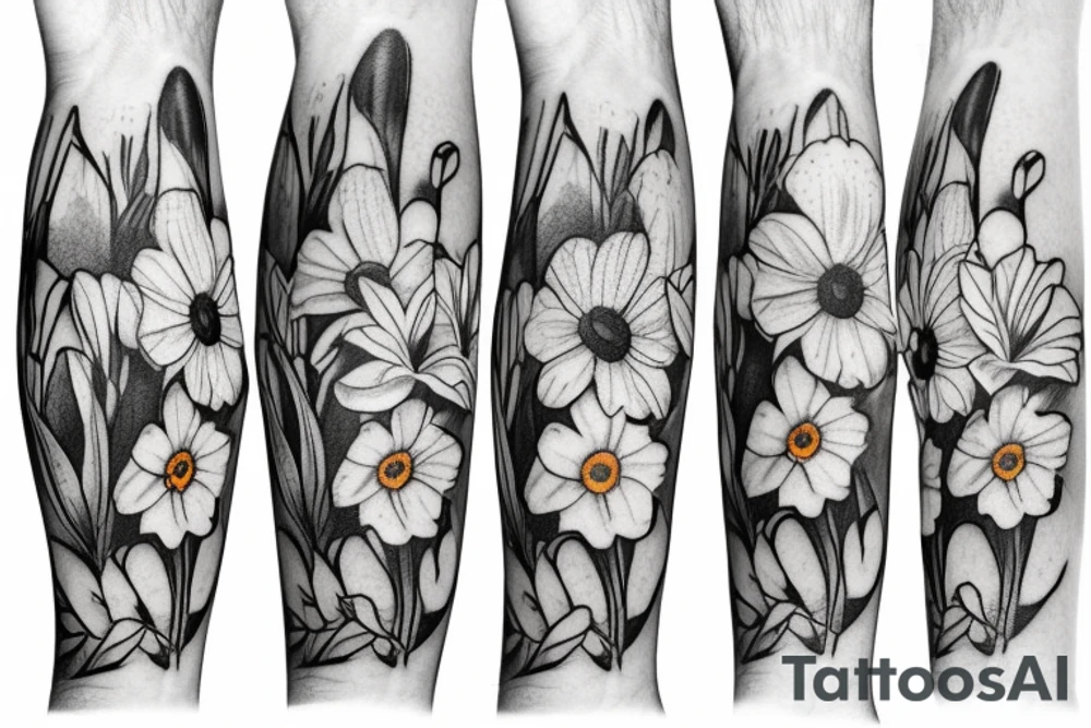 Daffodil, daisy and lily of the valley in a bouquet tattoo idea