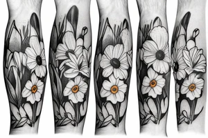 Daffodil, daisy and lily of the valley in a bouquet tattoo idea