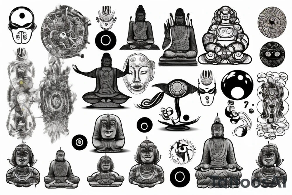 Artificial intelligence with zen elements and stone Buddha sculpture with aliens and black hole tattoo idea