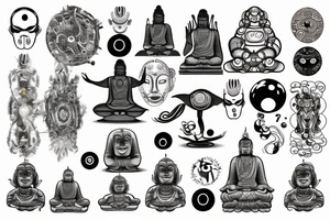 Artificial intelligence with zen elements and stone Buddha sculpture with aliens and black hole tattoo idea