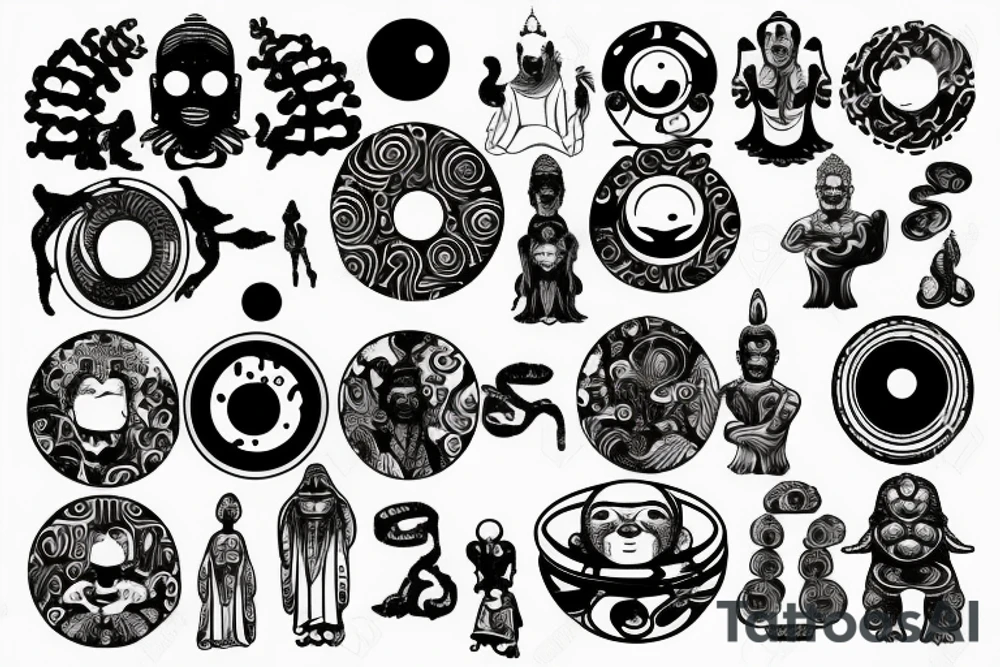 Artificial intelligence with zen elements and stone Buddha sculpture with aliens and black hole tattoo idea