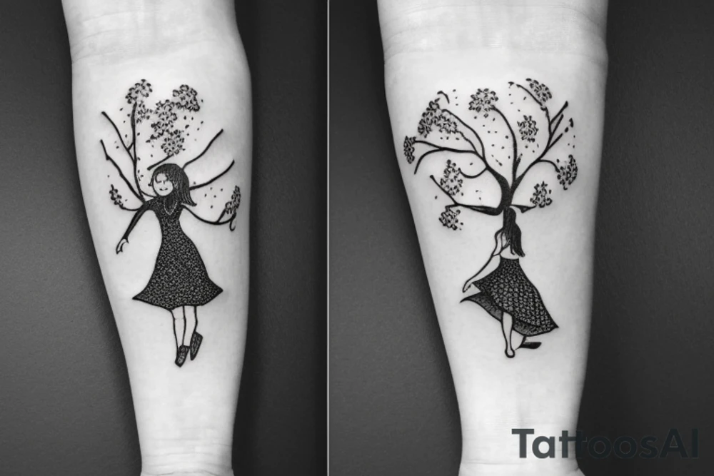 little girl with a dress climbing a tree tattoo idea