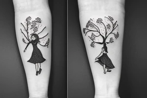 little girl with a dress climbing a tree tattoo idea