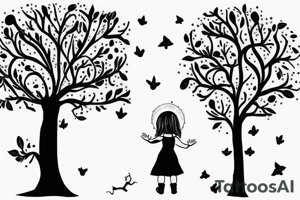 little girl with a dress climbing a tree tattoo idea