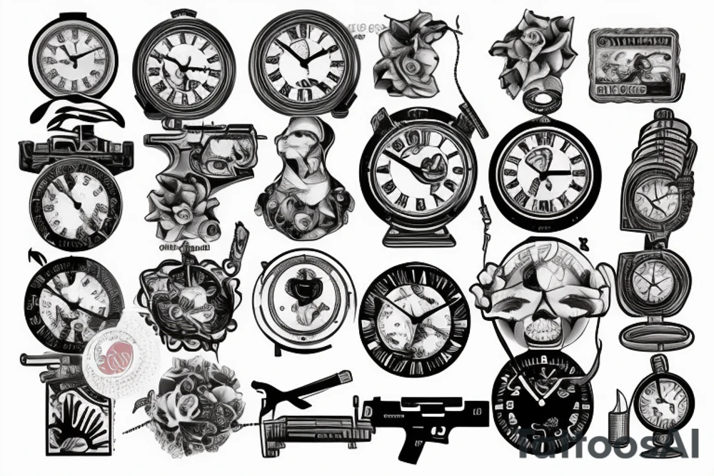A clock with money a gun and the year 1979 tattoo idea