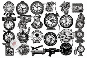 A clock with money a gun and the year 1979 tattoo idea