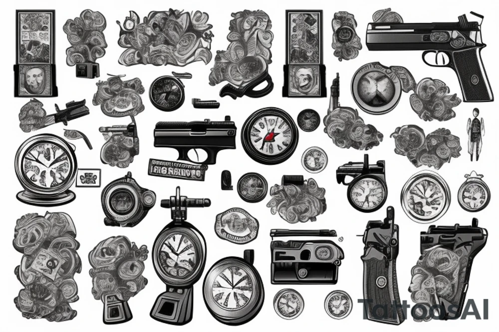 A clock with money a gun and the year 1979 tattoo idea