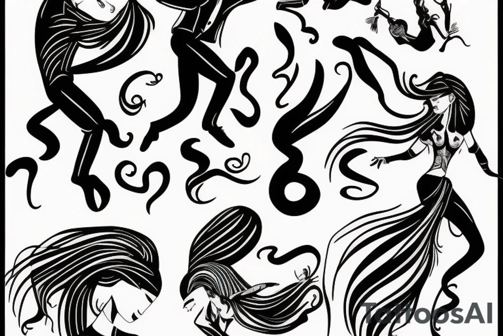 Dancing couple, flying long hair, passionate tattoo idea