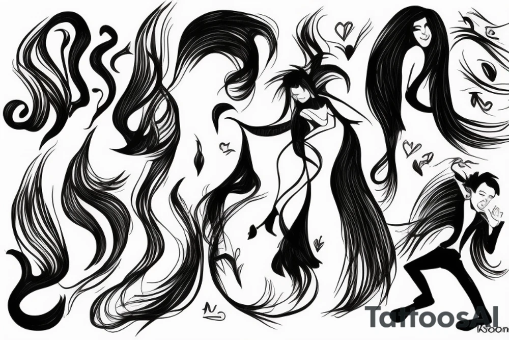 Dancing couple, flying long hair, passionate tattoo idea