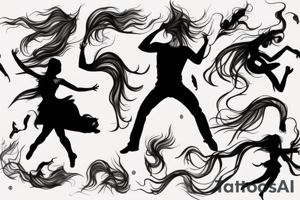 Dancing couple, flying long hair, passionate, hyper realistic tattoo idea