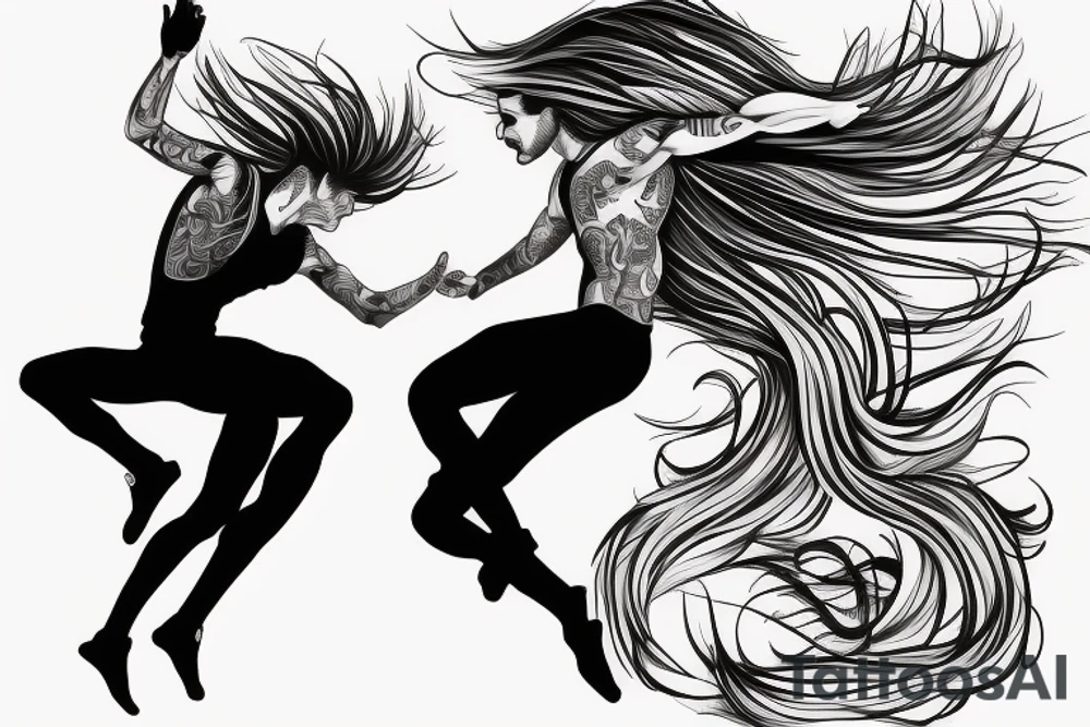 Dancing couple, flying long hair, passionate, hyper realistic tattoo idea