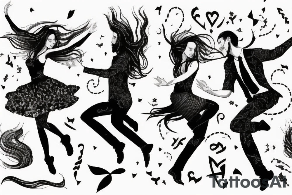 Dancing couple, flying long hair, passionate, hyper realistic tattoo idea