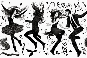 Dancing couple, flying long hair, passionate, hyper realistic tattoo idea
