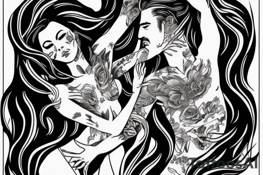 Dancing couple, flying long hair, passionate, hyper realistic tattoo idea
