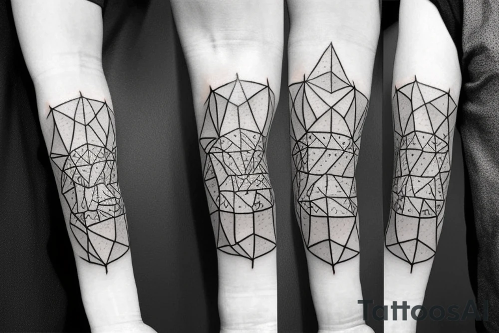 Abstract forearm drops with runes, geometric shapes and mountains tattoo idea