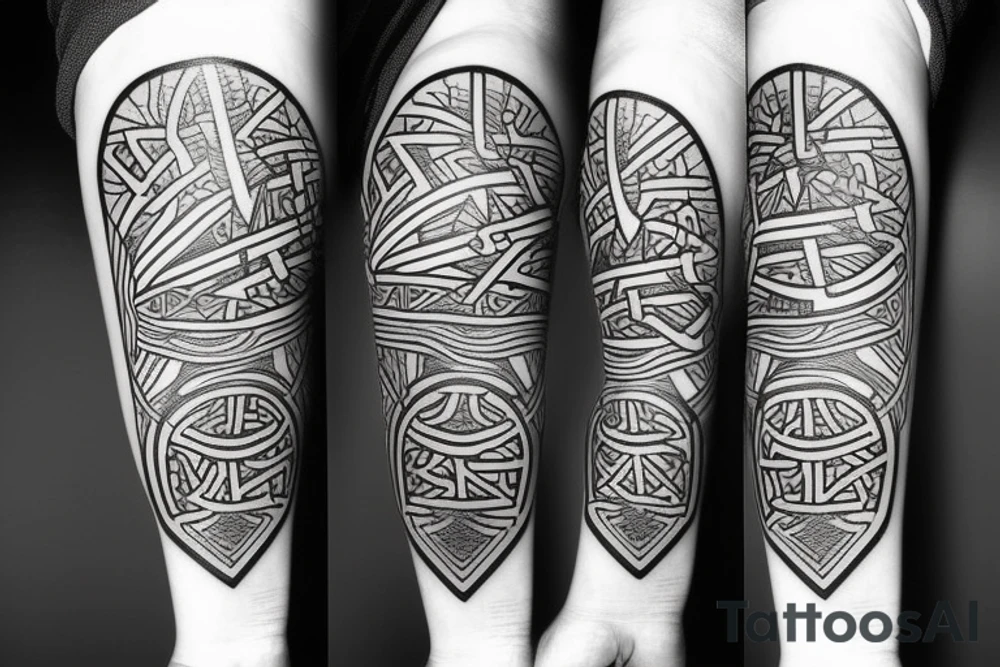 Abstract forearm drops with runes, geometric shapes tattoo idea