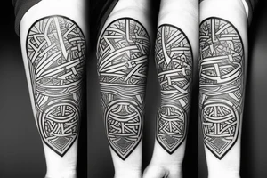 Abstract forearm drops with runes, geometric shapes tattoo idea