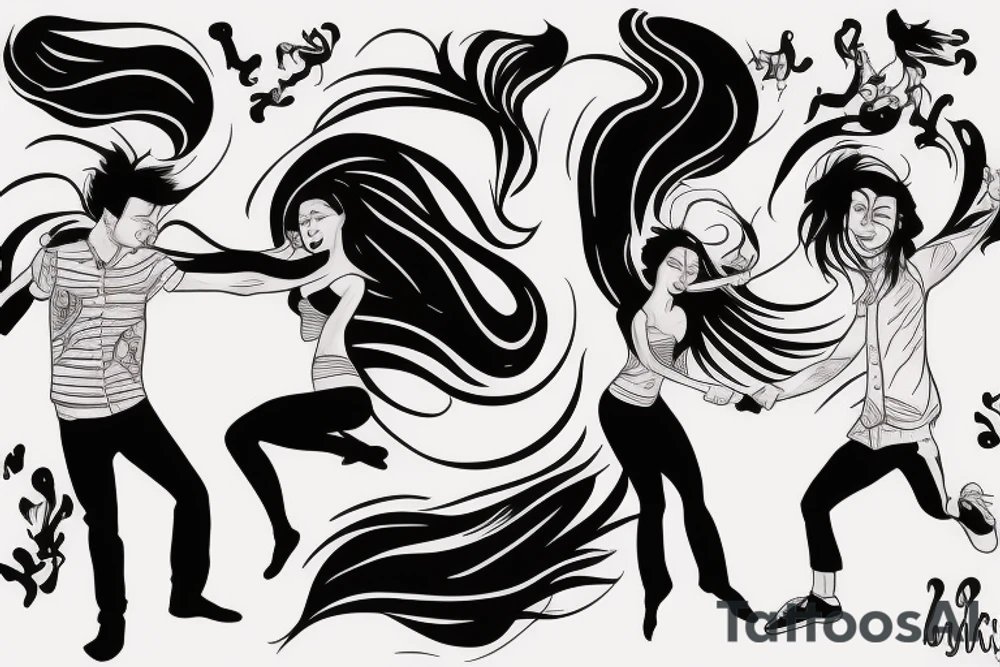 Dancing couple, flying long hair, passionate, hyper realistic tattoo idea