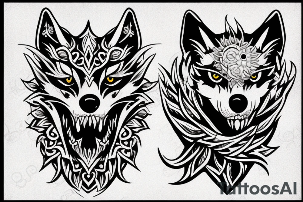 wolf with half face of skull tattoo idea