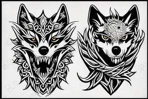 wolf with half face of skull tattoo idea