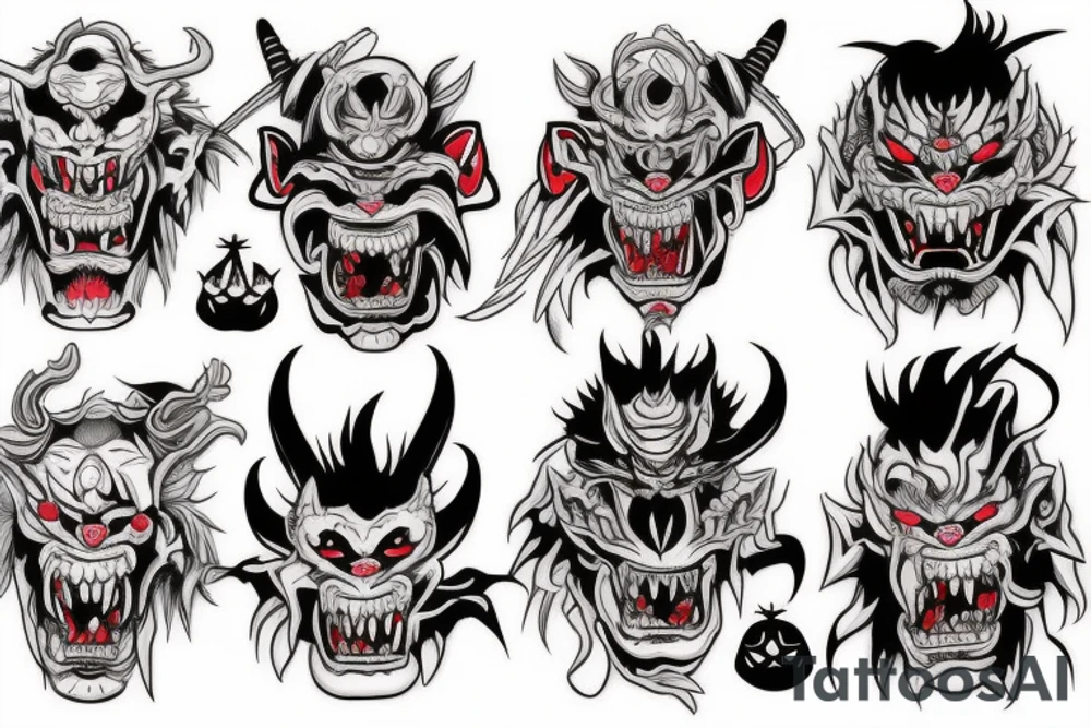 five faces of oni demons connected with the rope tattoo idea