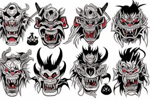 five faces of oni demons connected with the rope tattoo idea