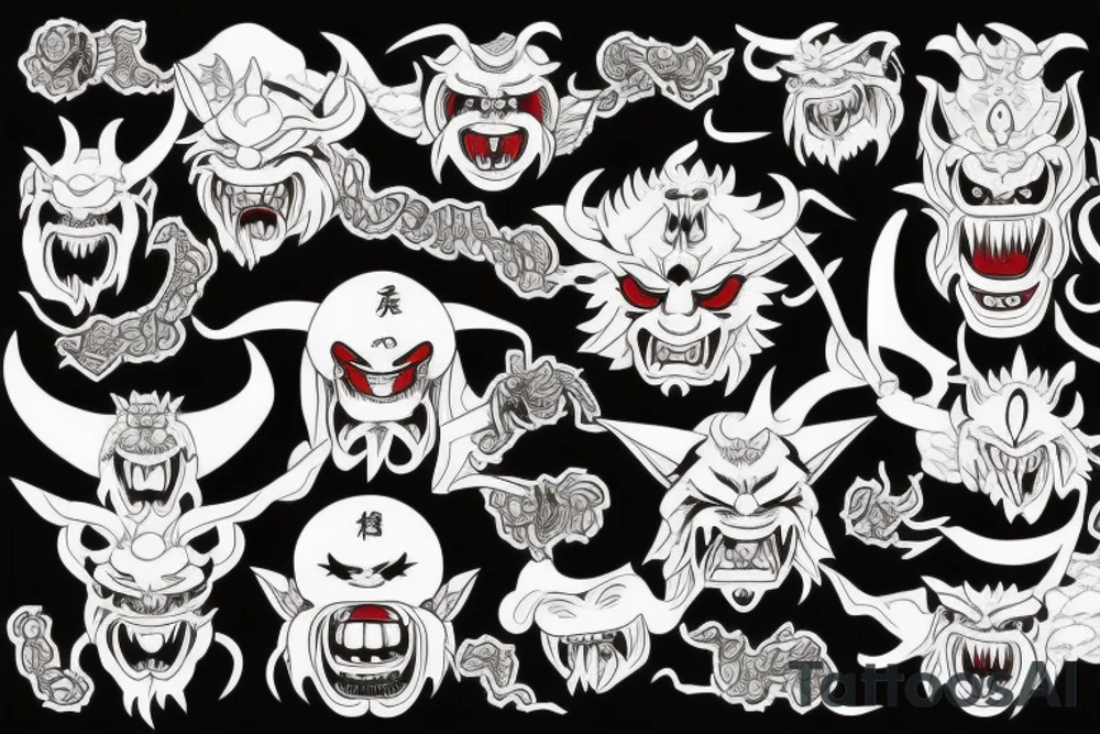 five faces of oni demons connected with the rope tattoo idea