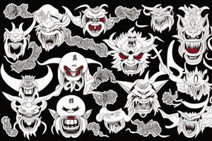 five faces of oni demons connected with the rope tattoo idea