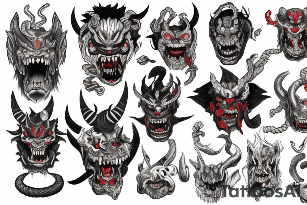 five faces of oni demons connected with the rope tattoo idea