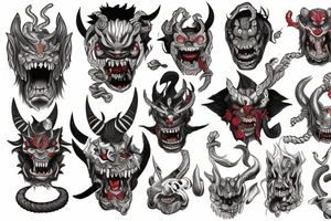 five faces of oni demons connected with the rope tattoo idea