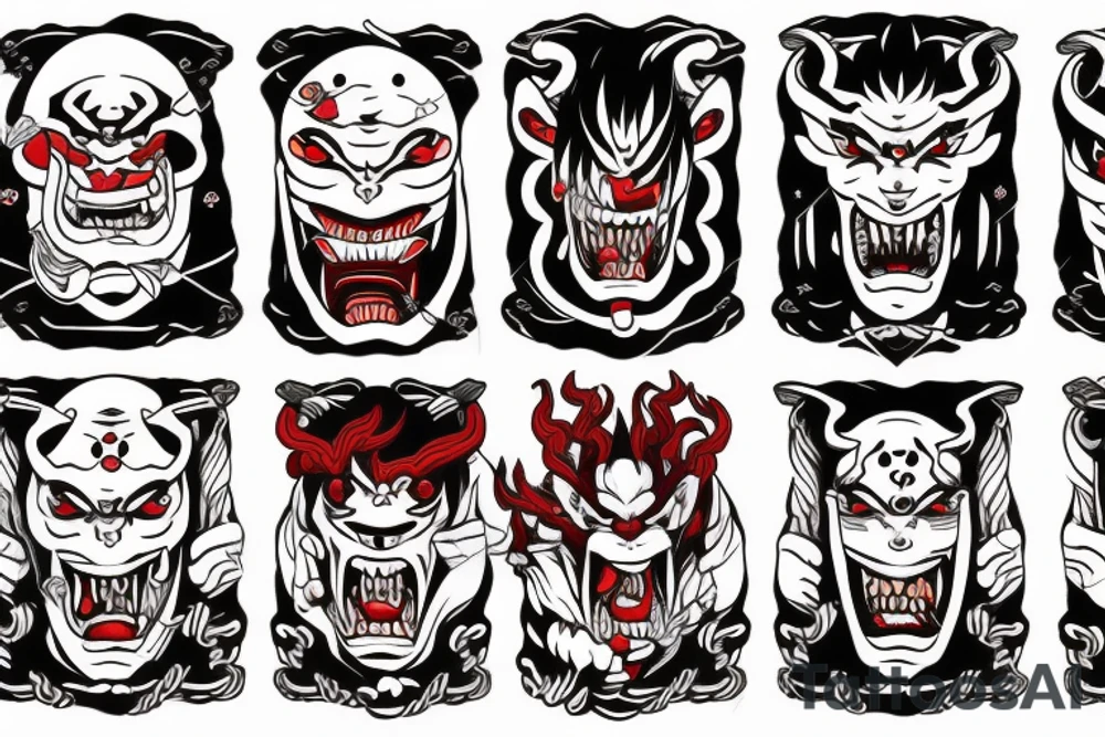 five faces of oni demons connected with the rope tattoo idea
