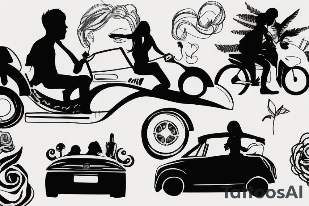 Silhouette of 2 people driving in a convertible tattoo idea