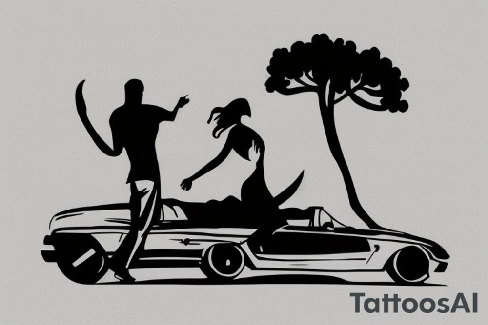Silhouette of 2 people driving in a convertible tattoo idea