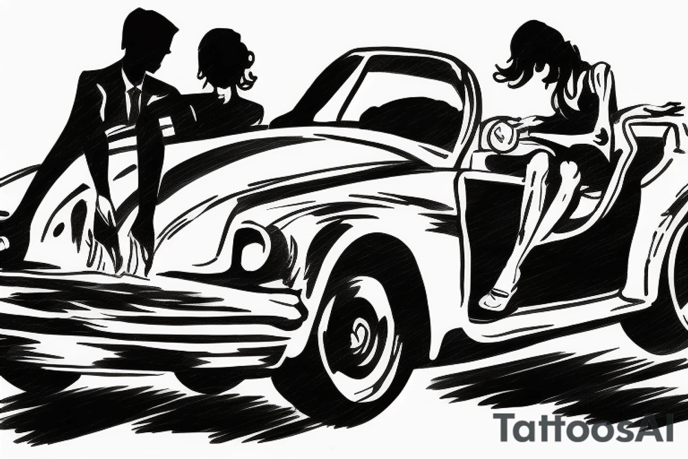 Silhouette of 2 people driving in a convertible tattoo idea