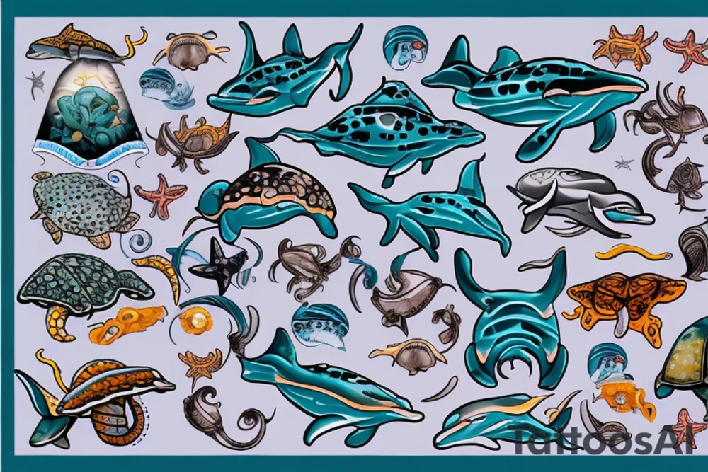 Dolphin, hammerhead, epaulette shark, coral, sea lion, turtle, octopus, fish, crabs, spotted eagle ray tattoo idea