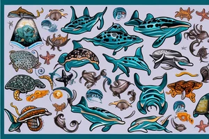 Dolphin, hammerhead, epaulette shark, coral, sea lion, turtle, octopus, fish, crabs, spotted eagle ray tattoo idea