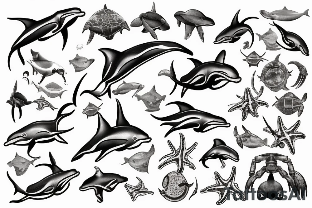 Dolphin, hammerhead, epaulette shark, coral, sea lion, turtle, octopus, fish, crabs, spotted eagle ray tattoo idea