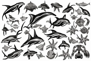 Dolphin, hammerhead, epaulette shark, coral, sea lion, turtle, octopus, fish, crabs, spotted eagle ray tattoo idea