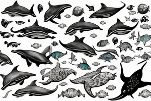 Dolphin, hammerhead, epaulette shark, coral, sea lion, turtle, octopus, fish, crabs, spotted eagle ray, underwater ocean scene tattoo idea