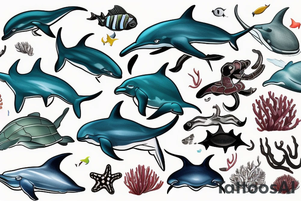 Dolphin, hammerhead, epaulette shark, coral, sea lion, turtle, octopus, fish, crabs, spotted eagle ray, underwater ocean scene tattoo idea