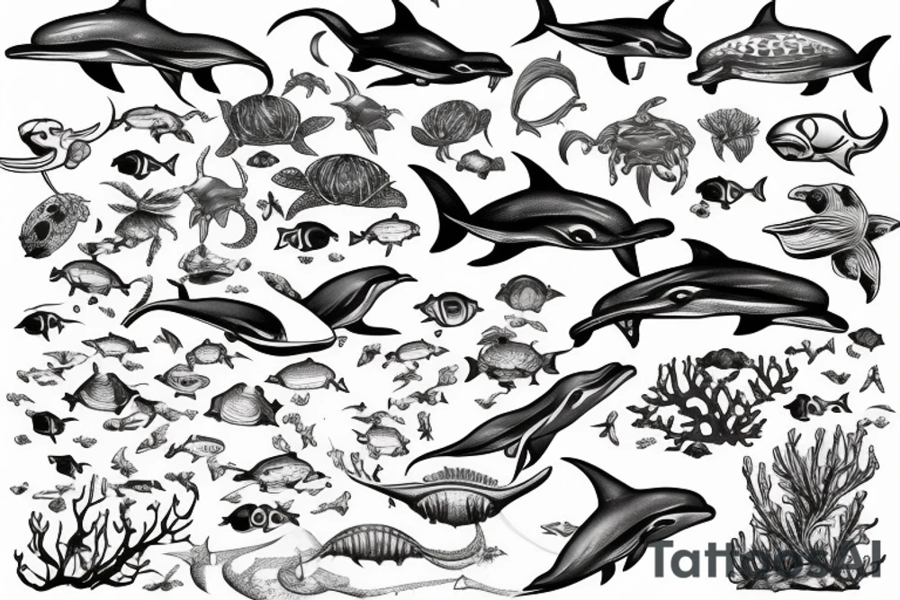 Dolphin, hammerhead, epaulette shark, coral, sea lion, turtle, octopus, fish, crabs, spotted eagle ray, underwater ocean scene tattoo idea