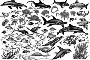 Dolphin, hammerhead, epaulette shark, coral, sea lion, turtle, octopus, fish, crabs, spotted eagle ray, underwater ocean scene tattoo idea