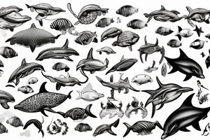 Dolphin, hammerhead, epaulette shark, coral, sea lion, turtle, octopus, fish, crabs, spotted eagle ray, underwater ocean scene tattoo idea