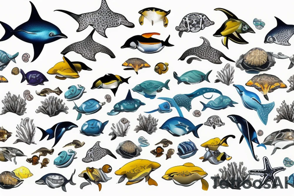 Dolphin, hammerhead, epaulette shark, coral, sea lion, turtle, octopus, fish, crabs, spotted eagle ray, underwater ocean scene, diver, queen angelfish, yellow tang, ocean tattoo idea