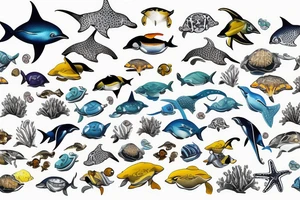 Dolphin, hammerhead, epaulette shark, coral, sea lion, turtle, octopus, fish, crabs, spotted eagle ray, underwater ocean scene, diver, queen angelfish, yellow tang, ocean tattoo idea