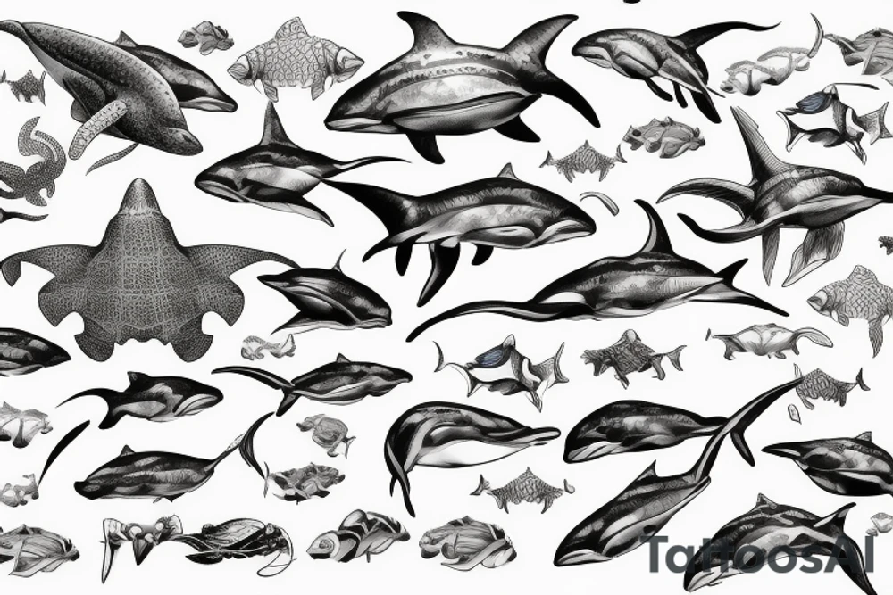 Dolphin, hammerhead, epaulette shark, coral, sea lion, turtle, octopus, fish, crabs, spotted eagle ray, underwater ocean scene, diver, queen angelfish, yellow tang, ocean tattoo idea