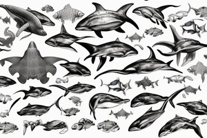 Dolphin, hammerhead, epaulette shark, coral, sea lion, turtle, octopus, fish, crabs, spotted eagle ray, underwater ocean scene, diver, queen angelfish, yellow tang, ocean tattoo idea