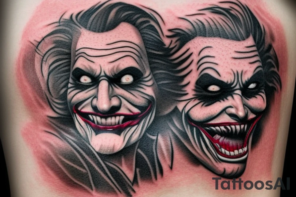 a hyper realistic tattoo of the Joker on men chest. Anarchy sign in stone at the bottom and a guitar tattoo idea