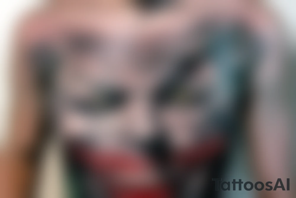 a hyper realistic tattoo of the Joker on men chest. Anarchy sign in stone at the bottom and a guitar tattoo idea