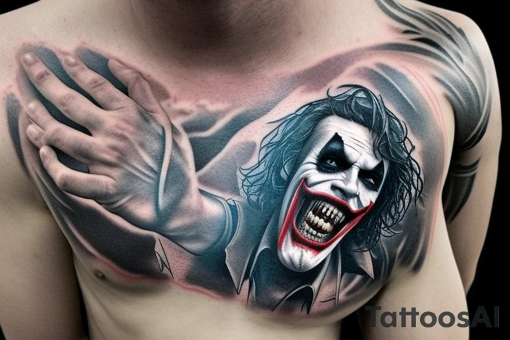 a hyper realistic tattoo of the Joker on men chest. Anarchy sign in stone at the bottom and a guitar tattoo idea